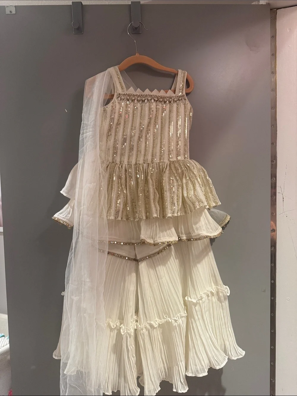 Cream Sequin Tiered Kids Costume Dress with Dupatta